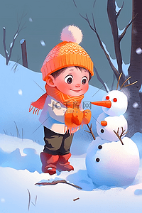 冬天男孩雪人手绘卡通插画