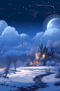 冬天唯美夜晚雪景插画海报