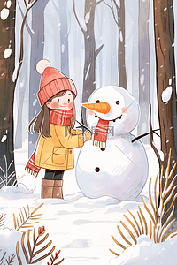 唯美插画女孩堆雪人冬天卡通海报