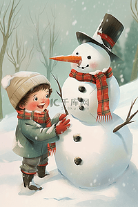 可爱手绘雪人插画图片_手绘插画冬天可爱男孩雪人