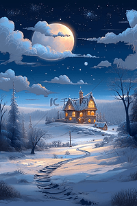 冬天夜晚的房子插画图片_雪景冬天唯美夜晚海报插画