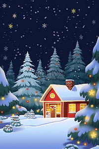 冬天海报圣诞节松树房屋插画