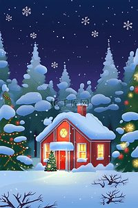 暗色背景插画图片_圣诞节冬天松树房屋插画海报