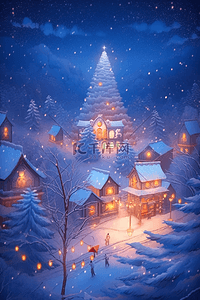 海报圣诞节蓝色插画图片_圣诞节夜晚海报小镇插画