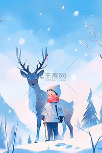 男孩小鹿冬天唯美插画海报
