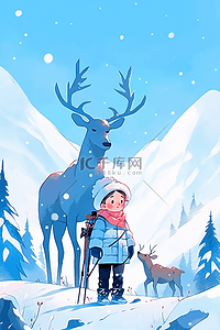 唯美男孩小鹿插画海报冬天