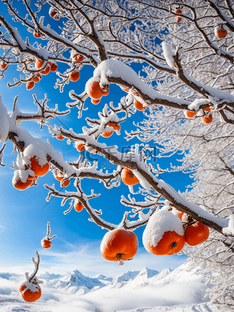 红色柿子树冬天风景插画艺术风格