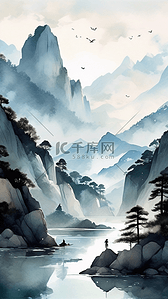 厚涂水彩插画图片_国风水彩山水插画背景图