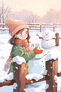 堆雪人冬天手绘女孩海报插画