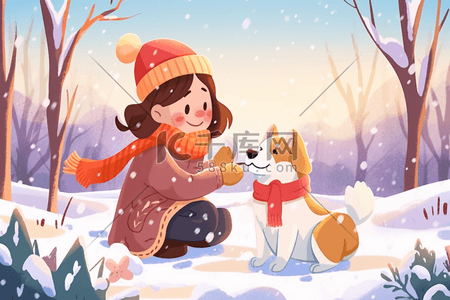 女孩小狗冬天雪地玩耍唯美插画海报