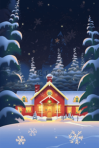 松树冬天圣诞节房屋插画海报