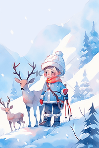 冬天唯美男孩小鹿插画海报