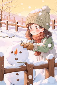 手绘冬天女孩堆雪人海报插画