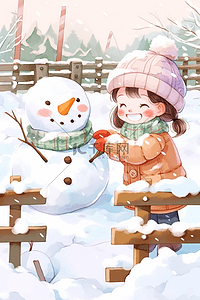 一个雪人插画图片_冬天手绘女孩海报堆雪人插画