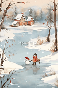 冰冻的湖面冬天手绘插画