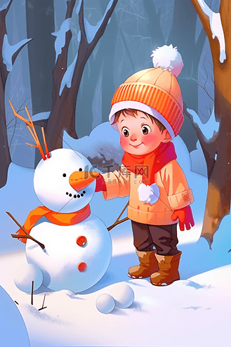冬天雪人男孩卡通手绘插画
