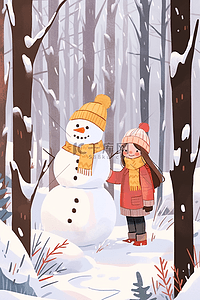 冬天女孩堆雪人卡通唯美插画海报
