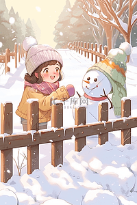 冬季背景海报插画图片_插画冬天手绘女孩堆雪人海报
