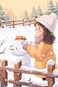 冬季背景海报插画图片_手绘女孩堆雪人海报插画冬天