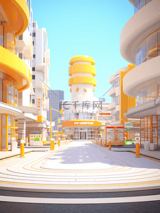 黄色城市街道路口建筑风景插画18