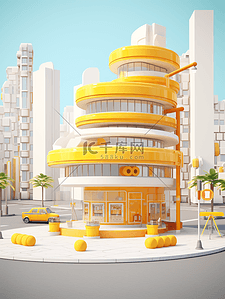 黄色城市街道路口建筑风景插画15