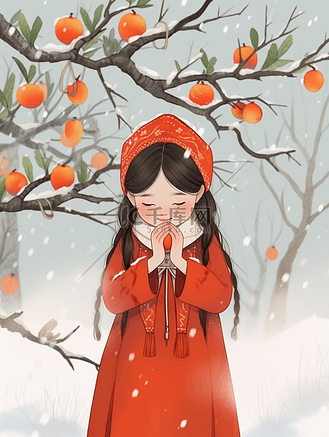 冬天下雪可爱女孩祈福手绘插画