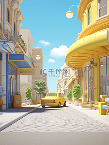黄色城市街道路口建筑风景插画1