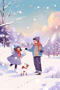 冬天可爱孩子手绘插画打雪仗
