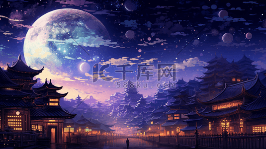 中国风元宵节古镇灯笼夜景插画3