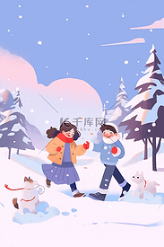 冬天手绘可爱孩子打雪仗插画