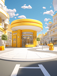 黄色城市街道路口建筑风景插画23