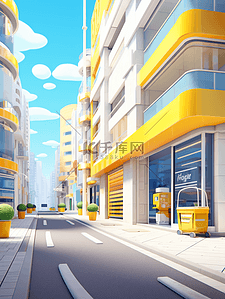 黄色城市街道路口建筑风景插画13