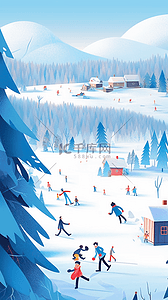 雪山高清背景插画图片_冬天滑雪海报场滑雪玩耍手绘插画