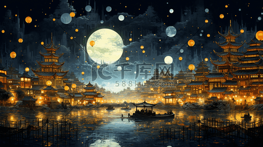 中国风元宵节古镇灯笼夜景插画35