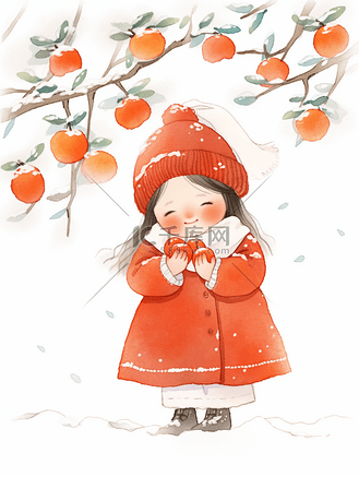 冬天可爱女孩祈福手绘插画下雪