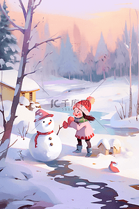 冬天可爱孩子打雪仗手绘插画