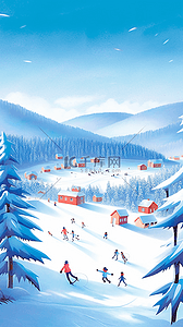 手绘冬天海报滑雪场滑雪玩耍插画