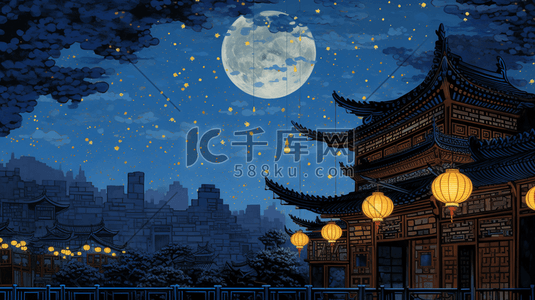 古镇插画图片_中国风元宵节古镇灯笼夜景插画15