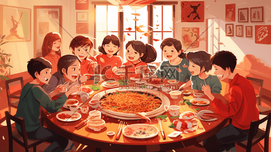 中国风人物美食插画图片_中国风亲朋好友欢乐聚餐插画39