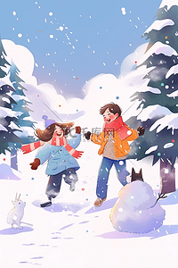 冬天可爱孩子手绘打雪仗插画