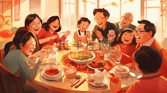 中国风人物美食插画图片_中国风亲朋好友欢乐聚餐插画19