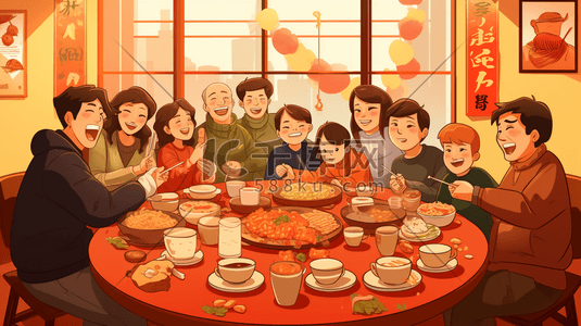 中国风人物美食插画图片_中国风亲朋好友欢乐聚餐插画1