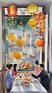 中国风水彩墨插画图片_中国风传统喜庆新年场景插画