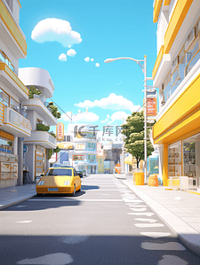 黄色城市街道路口建筑风景插画5
