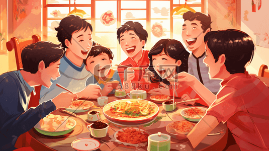 中国风人物美食插画图片_中国风亲朋好友欢乐聚餐插画20