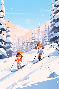 冬天滑雪手绘海报插画
