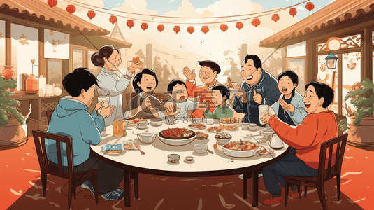 中国风亲朋好友欢乐聚餐插画11