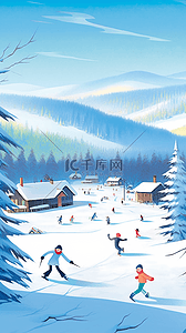 冬天滑雪海报插画图片_海报滑雪场冬天滑雪玩耍手绘插画