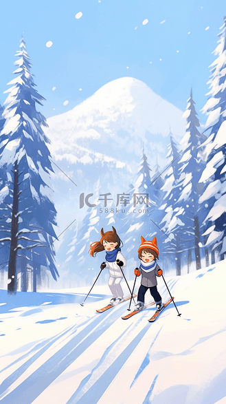 冬天滑雪插画海报手绘