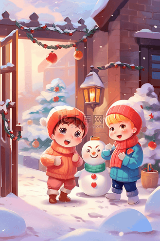 冬天可爱孩子堆雪人插画卡通手绘